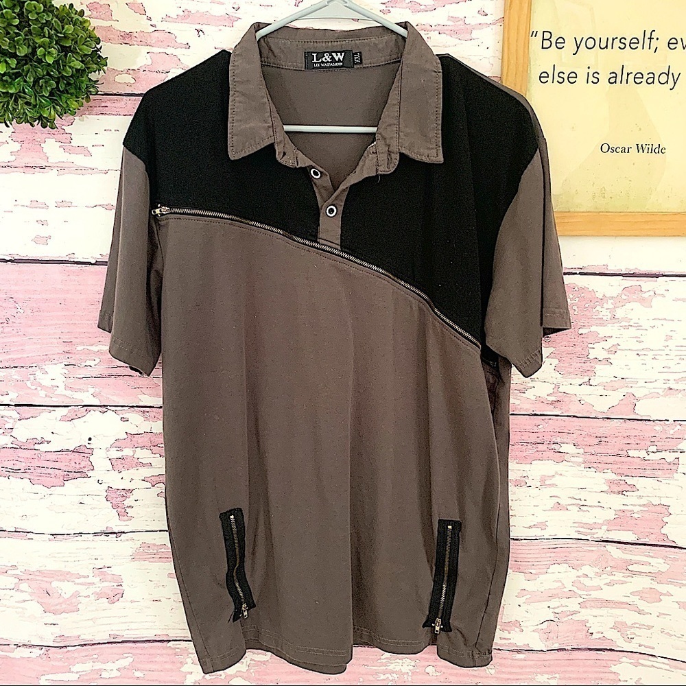 L&W Boys Collar Brown Black Short Sleeve Shirt XXL